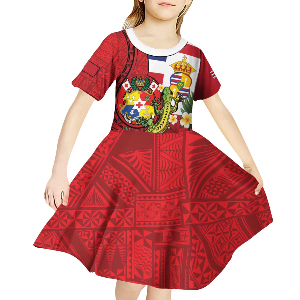 Hawaii And Tonga Kid Short Sleeve Dress King Kalakaua Tribal Gecko Tongan Ngatu