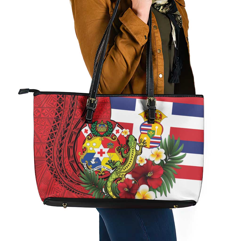 Hawaii And Tonga Leather Tote Bag King Kalakaua Tribal Gecko Tongan Ngatu