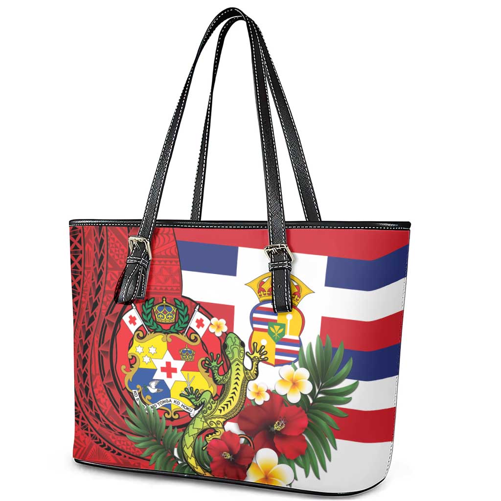 Hawaii And Tonga Leather Tote Bag King Kalakaua Tribal Gecko Tongan Ngatu