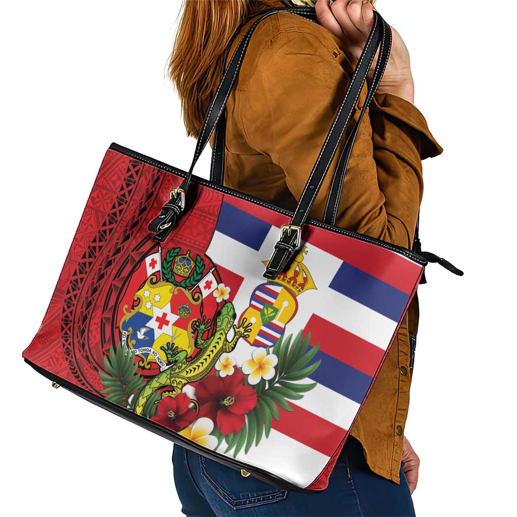 Hawaii And Tonga Leather Tote Bag King Kalakaua Tribal Gecko Tongan Ngatu