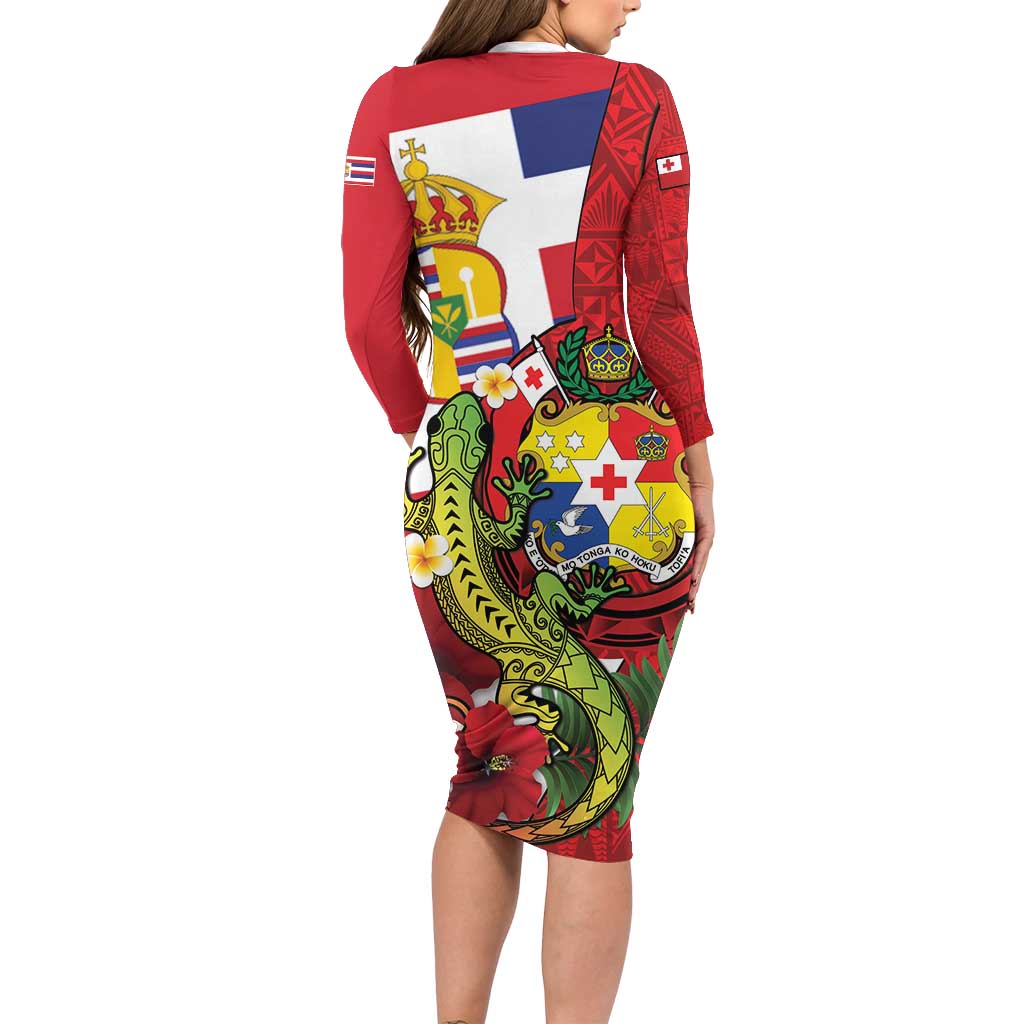 Hawaii And Tonga Long Sleeve Bodycon Dress King Kalakaua Tribal Gecko Tongan Ngatu