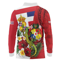 Hawaii And Tonga Long Sleeve Polo Shirt King Kalakaua Tribal Gecko Tongan Ngatu
