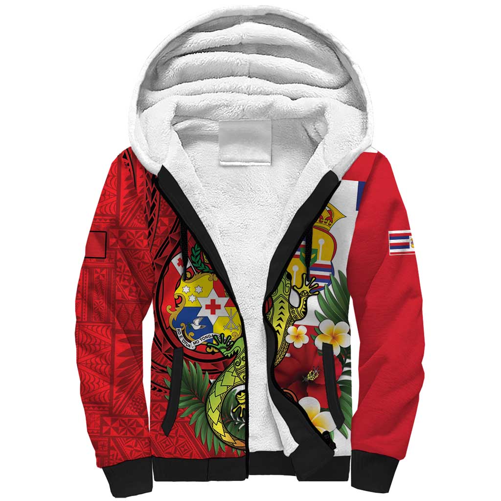 Hawaii And Tonga Sherpa Hoodie King Kalakaua Tribal Gecko Tongan Ngatu