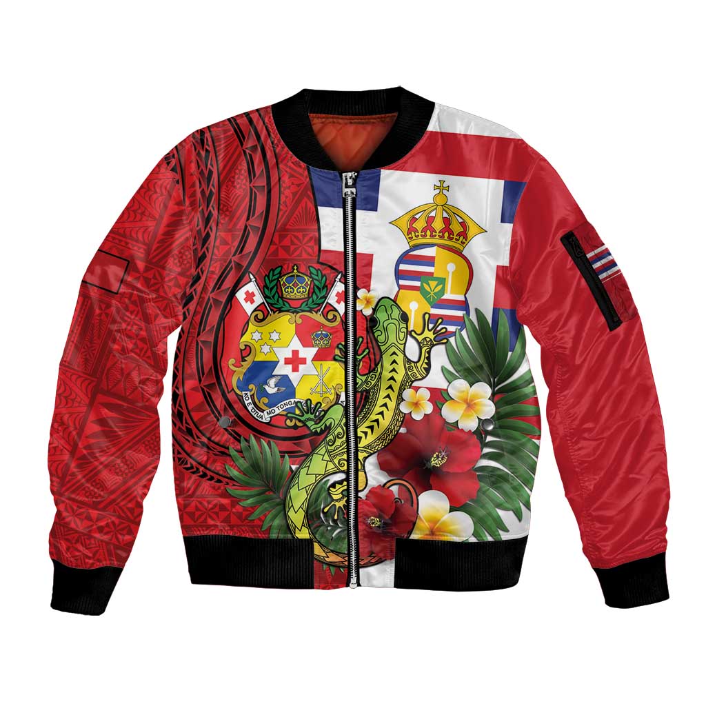 Hawaii And Tonga Sleeve Zip Bomber Jacket King Kalakaua Tribal Gecko Tongan Ngatu