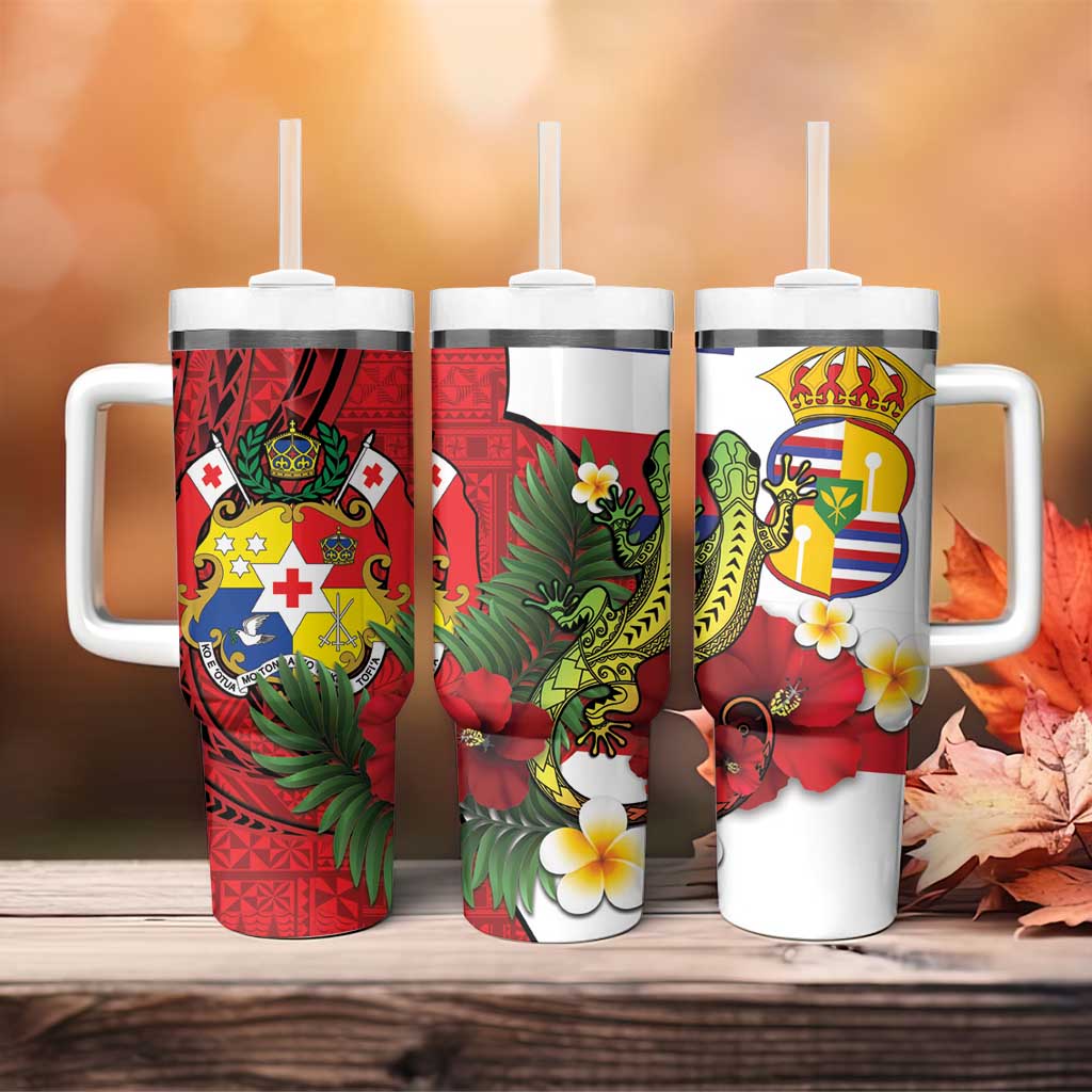 Hawaii And Tonga Tumbler With Handle King Kalakaua Tribal Gecko Tongan Ngatu