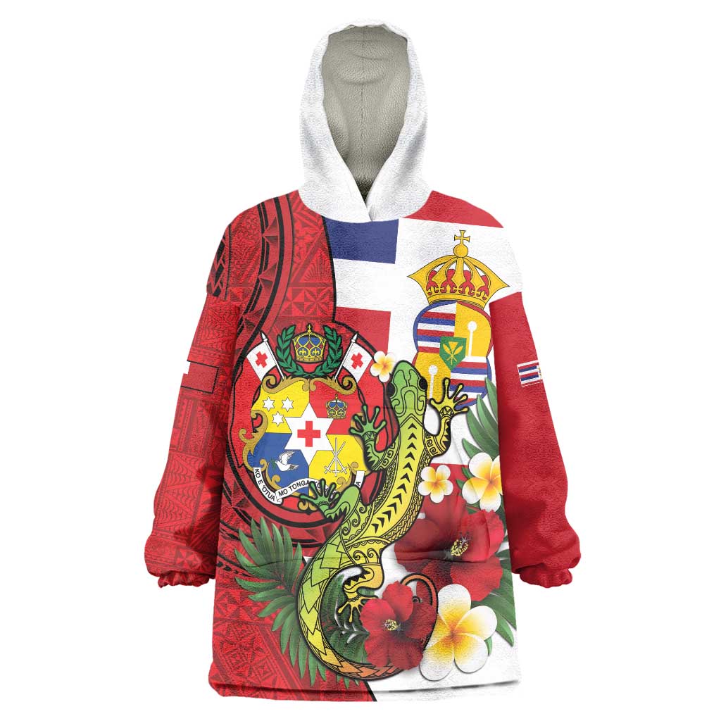Hawaii And Tonga Wearable Blanket Hoodie King Kalakaua Tribal Gecko Tongan Ngatu