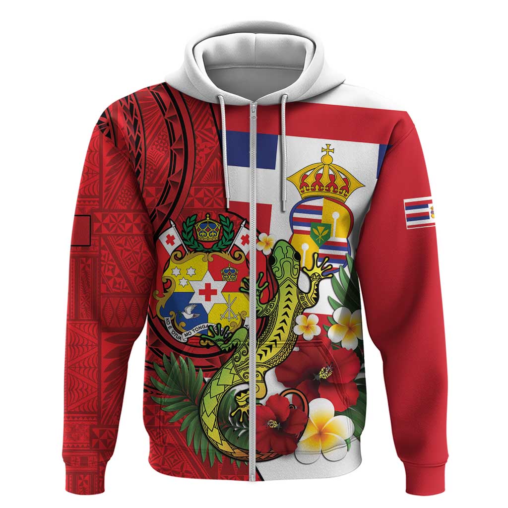 Hawaii And Tonga Zip Hoodie King Kalakaua Tribal Gecko Tongan Ngatu