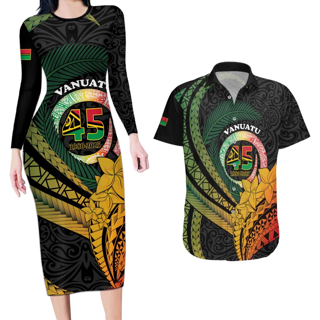 Personalised Vanuatu Independence Day Couples Matching Long Sleeve Bodycon Dress and Hawaiian Shirt July 30 Pig Tusk Long God Yumi Stanap