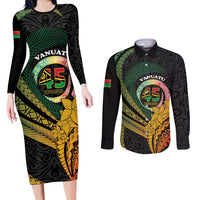 Personalised Vanuatu Independence Day Couples Matching Long Sleeve Bodycon Dress and Long Sleeve Button Shirt July 30 Pig Tusk Long God Yumi Stanap
