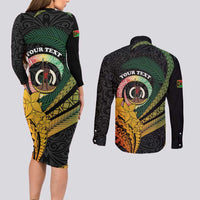 Personalised Vanuatu Independence Day Couples Matching Long Sleeve Bodycon Dress and Long Sleeve Button Shirt July 30 Pig Tusk Long God Yumi Stanap