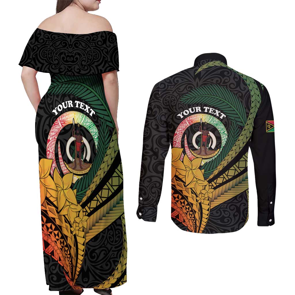 Personalised Vanuatu Independence Day Couples Matching Off Shoulder Maxi Dress and Long Sleeve Button Shirt July 30 Pig Tusk Long God Yumi Stanap