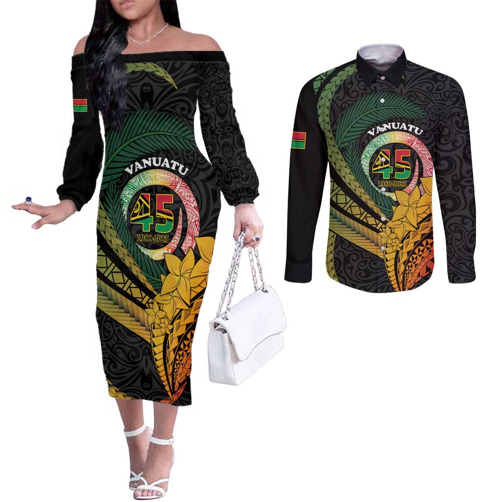 Personalised Vanuatu Independence Day Couples Matching Off The Shoulder Long Sleeve Dress and Long Sleeve Button Shirt July 30 Pig Tusk Long God Yumi Stanap