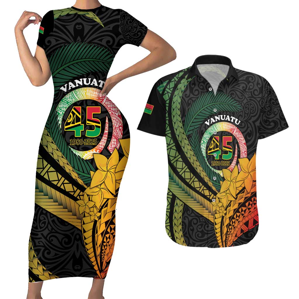 Personalised Vanuatu Independence Day Couples Matching Short Sleeve Bodycon Dress and Hawaiian Shirt July 30 Pig Tusk Long God Yumi Stanap