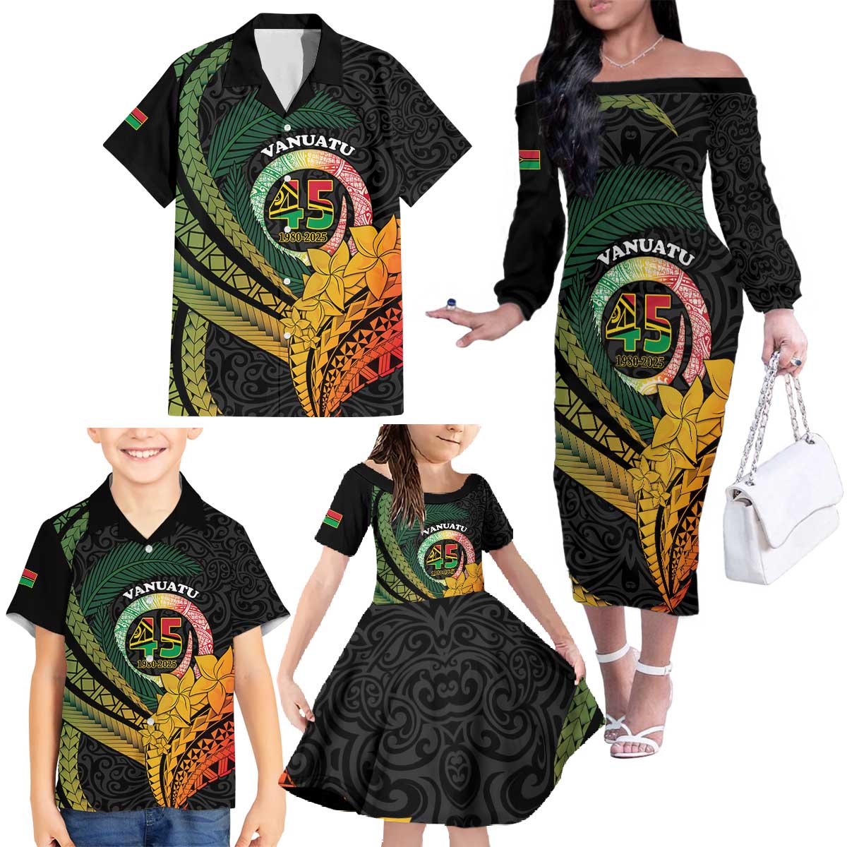 Personalised Vanuatu Independence Day Family Matching Off The Shoulder Long Sleeve Dress and Hawaiian Shirt July 30 Pig Tusk Long God Yumi Stanap