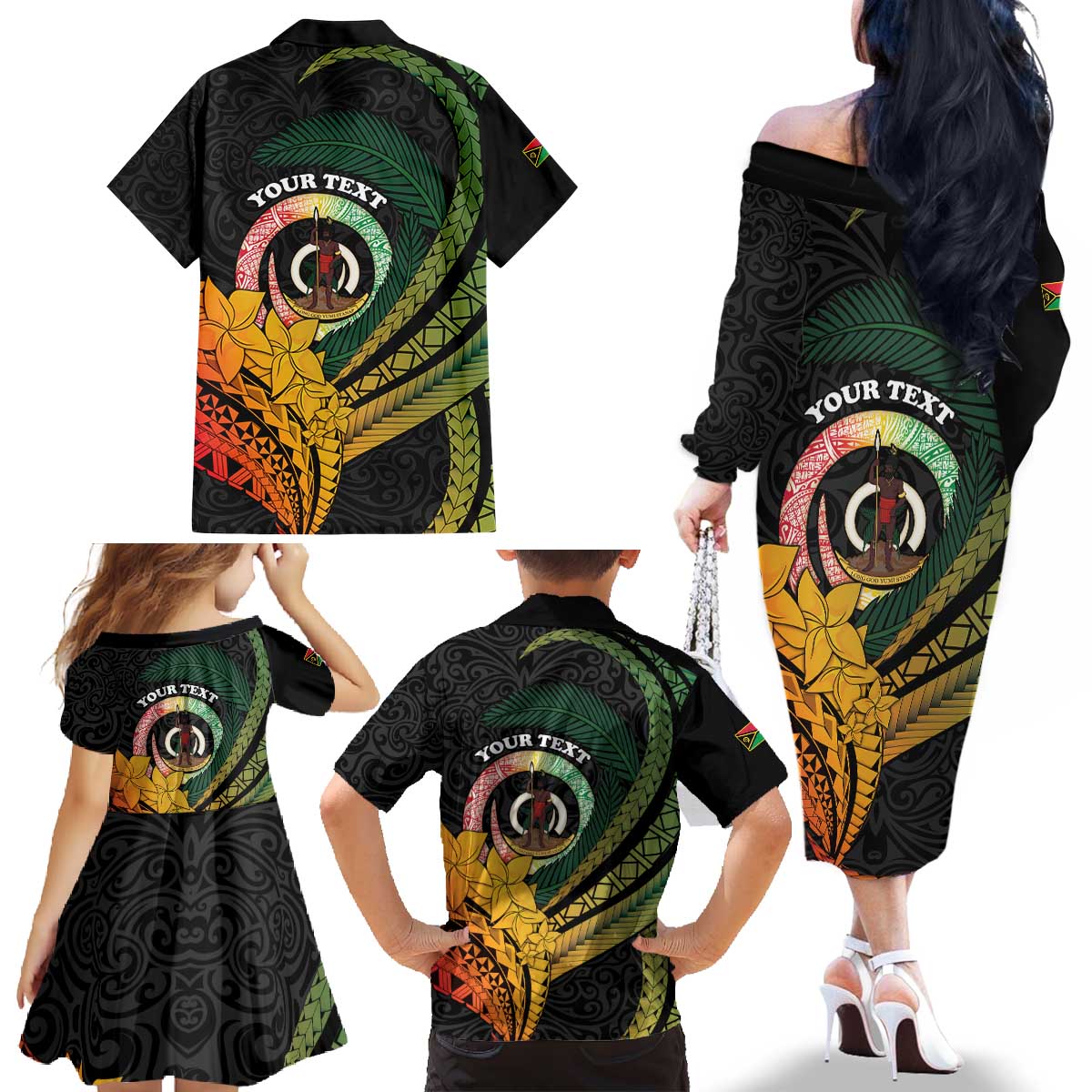 Personalised Vanuatu Independence Day Family Matching Off The Shoulder Long Sleeve Dress and Hawaiian Shirt July 30 Pig Tusk Long God Yumi Stanap