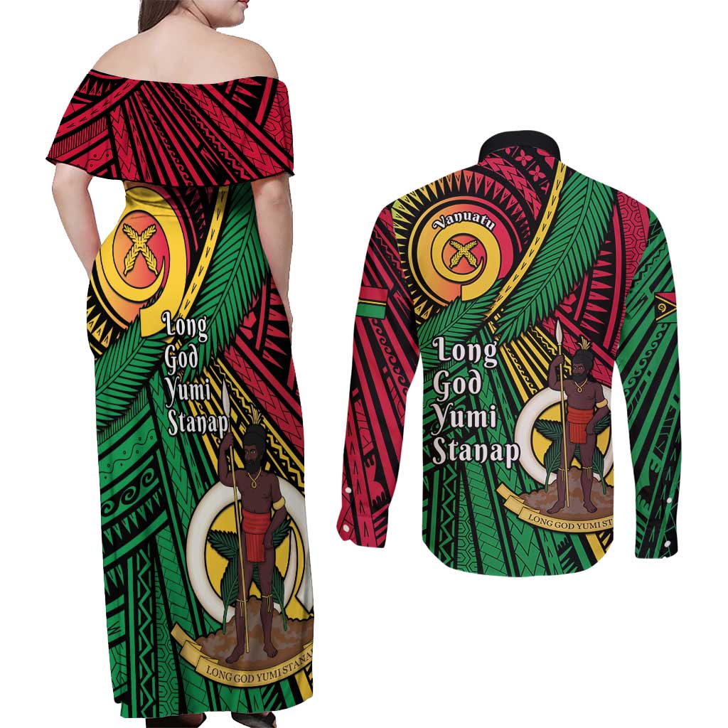 Halo Vanuatu Couples Matching Off Shoulder Maxi Dress and Long Sleeve Button Shirt Happy 45th Independence Anniversary