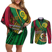 Halo Vanuatu Couples Matching Off Shoulder Short Dress and Long Sleeve Button Shirt Happy 45th Independence Anniversary