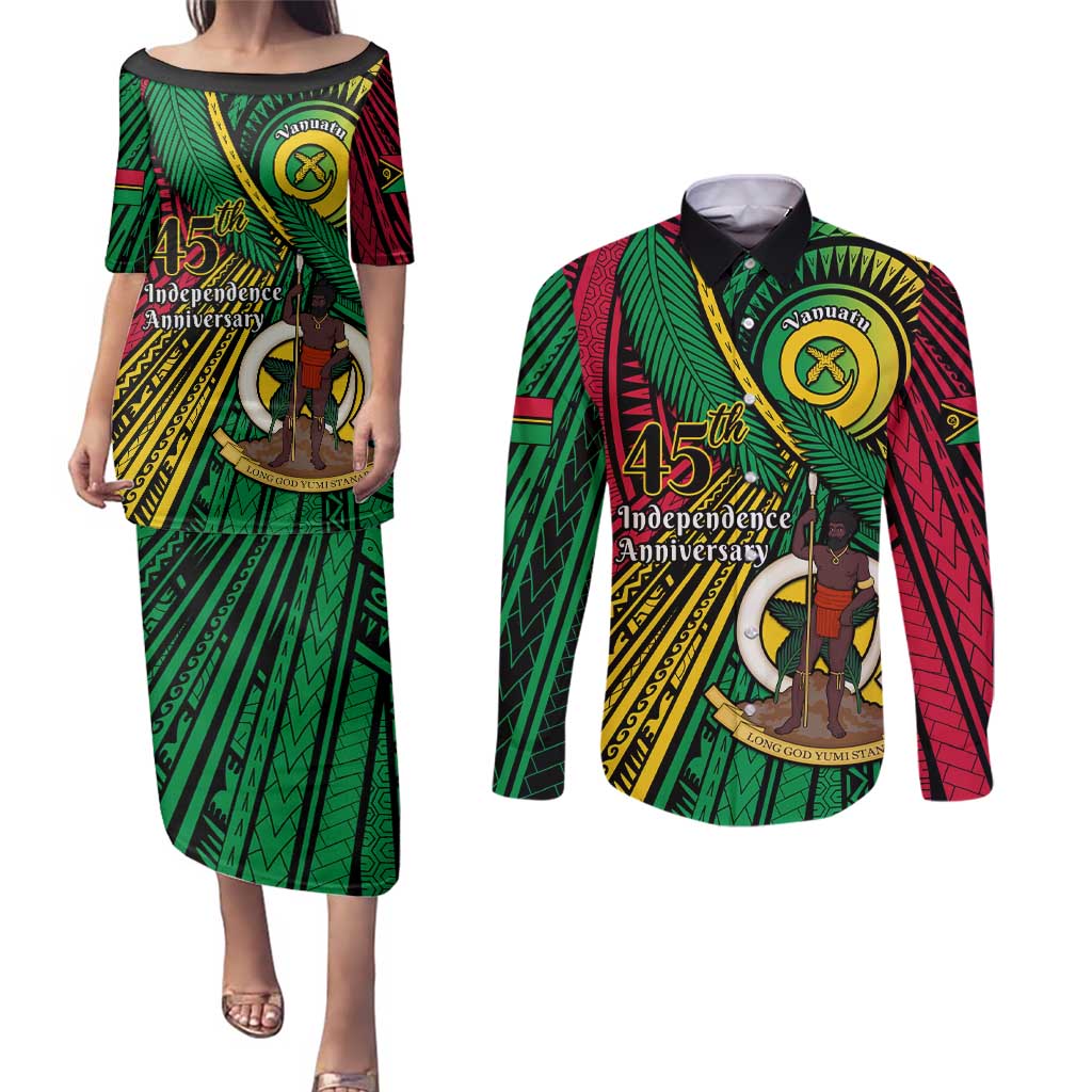 Halo Vanuatu Couples Matching Puletasi and Long Sleeve Button Shirt Happy 45th Independence Anniversary