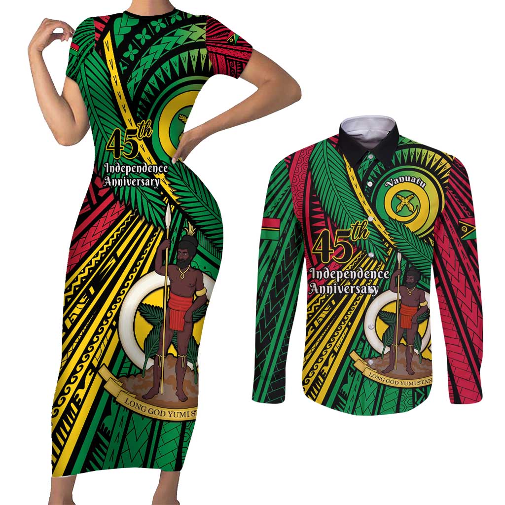 Halo Vanuatu Couples Matching Short Sleeve Bodycon Dress and Long Sleeve Button Shirt Happy 45th Independence Anniversary