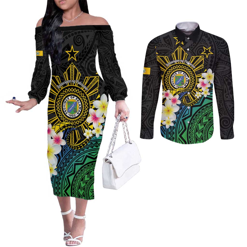 Lalawigan ng Palawan Couples Matching Off The Shoulder Long Sleeve Dress and Long Sleeve Button Shirt Philippines Province Land of Promise LT14 Black - Polynesian Pride