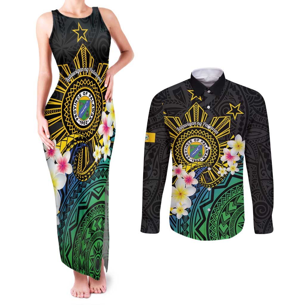 Lalawigan ng Palawan Couples Matching Tank Maxi Dress and Long Sleeve Button Shirt Philippines Province Land of Promise LT14 Black - Polynesian Pride