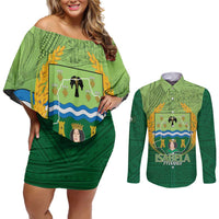 Isabela Philippines Couples Matching Off Shoulder Short Dress and Long Sleeve Button Shirt Queen Province Of The North LT14 Green - Polynesian Pride