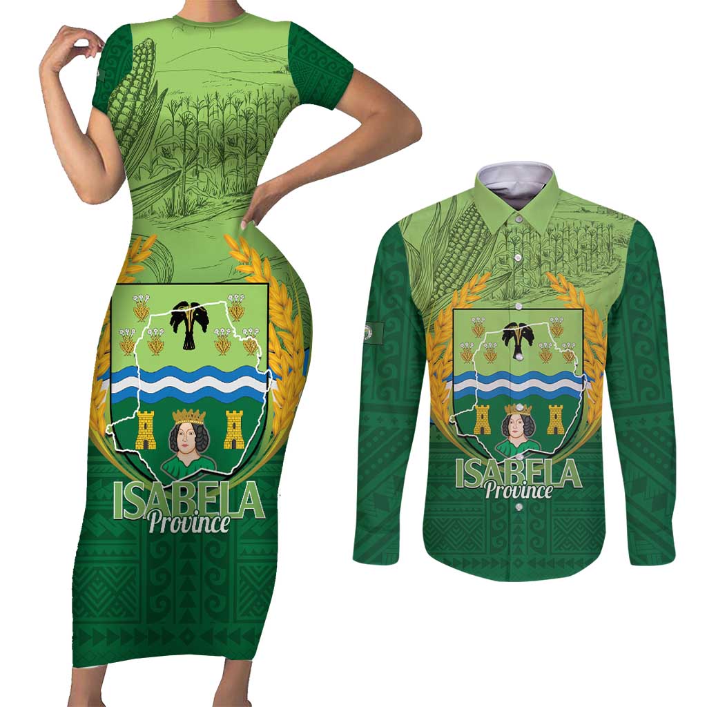 Isabela Philippines Couples Matching Short Sleeve Bodycon Dress and Long Sleeve Button Shirt Queen Province Of The North LT14 Green - Polynesian Pride
