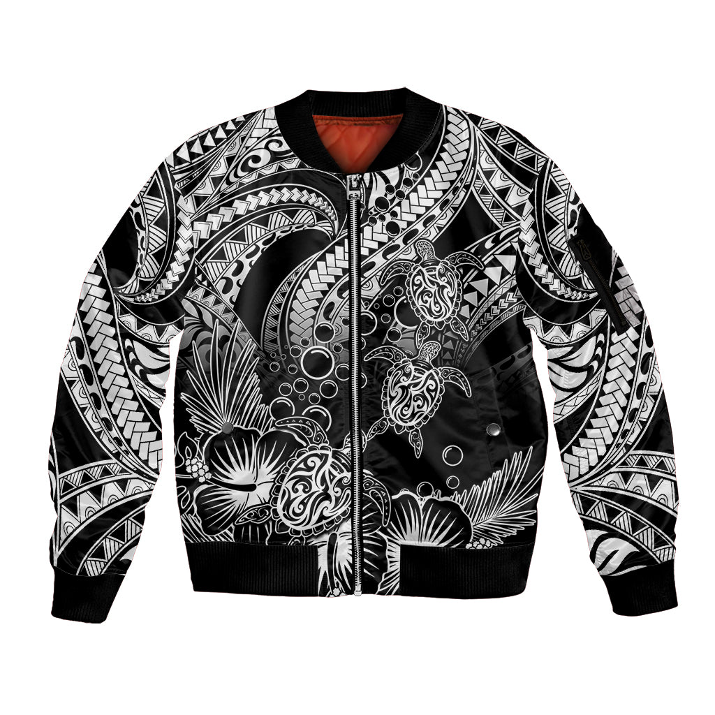 Personalised Polynesian Sleeve Zip Bomber Jacket Tribal Honu Turtle with Hibiscus White Version LT14 Unisex White - Polynesian Pride