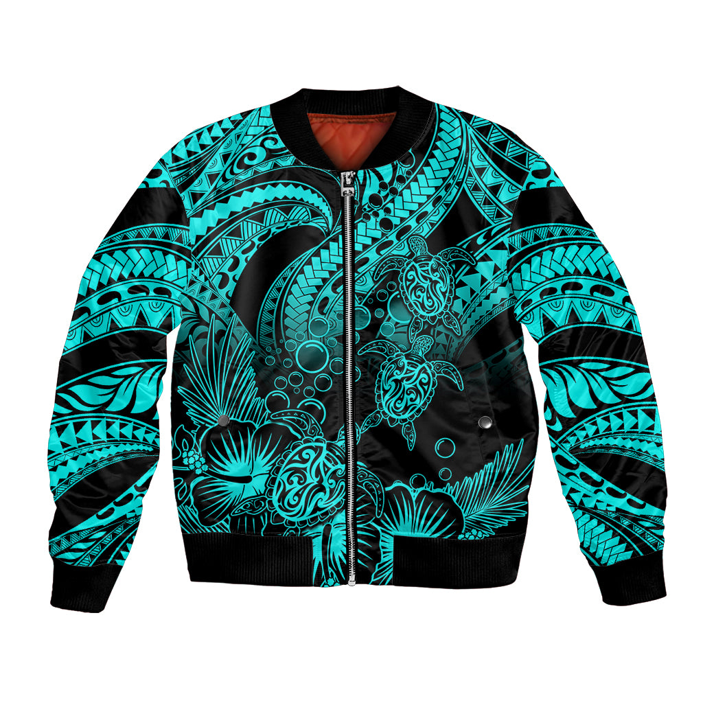 Personalised Polynesian Bomber Jacket Tribal Honu Turtle with Hibiscus Turquoise Version LT14 Unisex Turquoise - Polynesian Pride