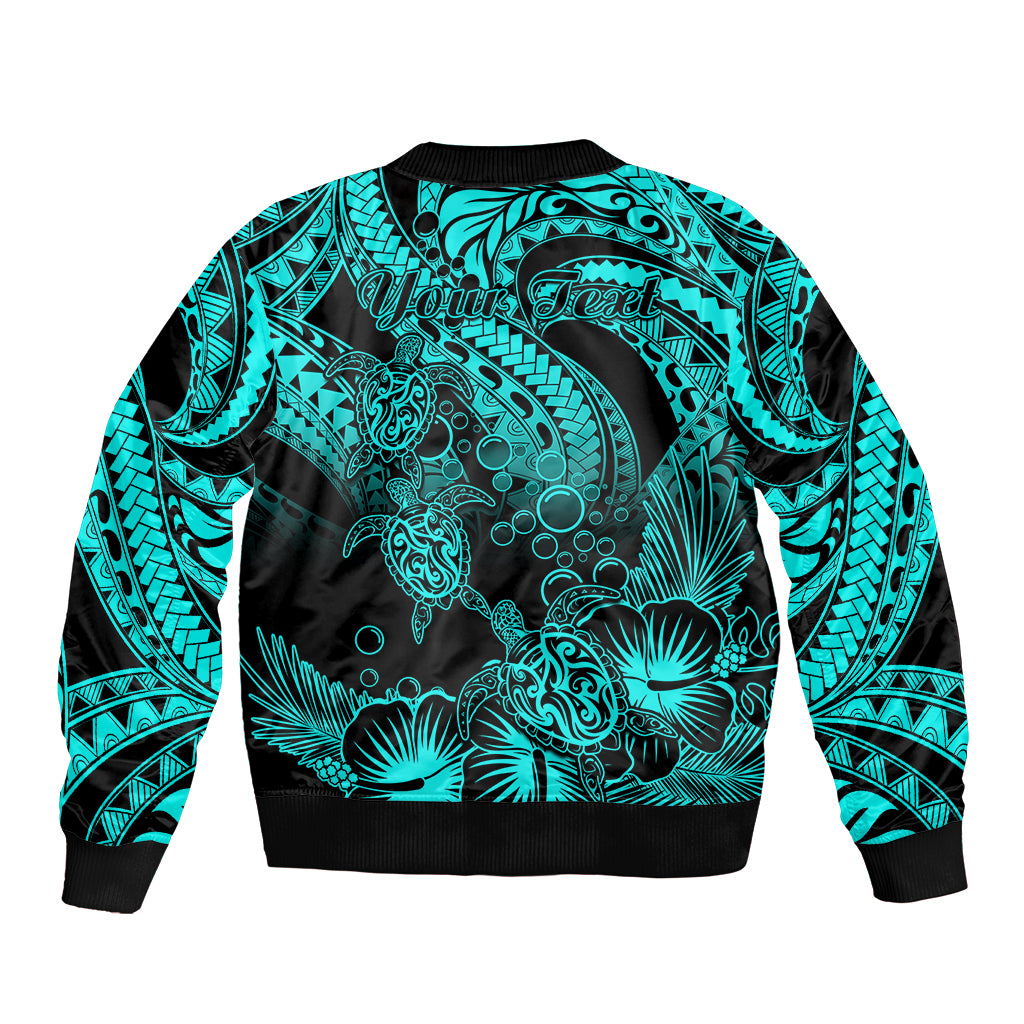 Personalised Polynesian Bomber Jacket Tribal Honu Turtle with Hibiscus Turquoise Version LT14 - Polynesian Pride