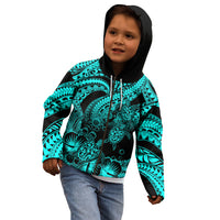 Personalised Polynesian Kid Hoodie Tribal Honu Turtle with Hibiscus Turquoise Version LT14 - Polynesian Pride