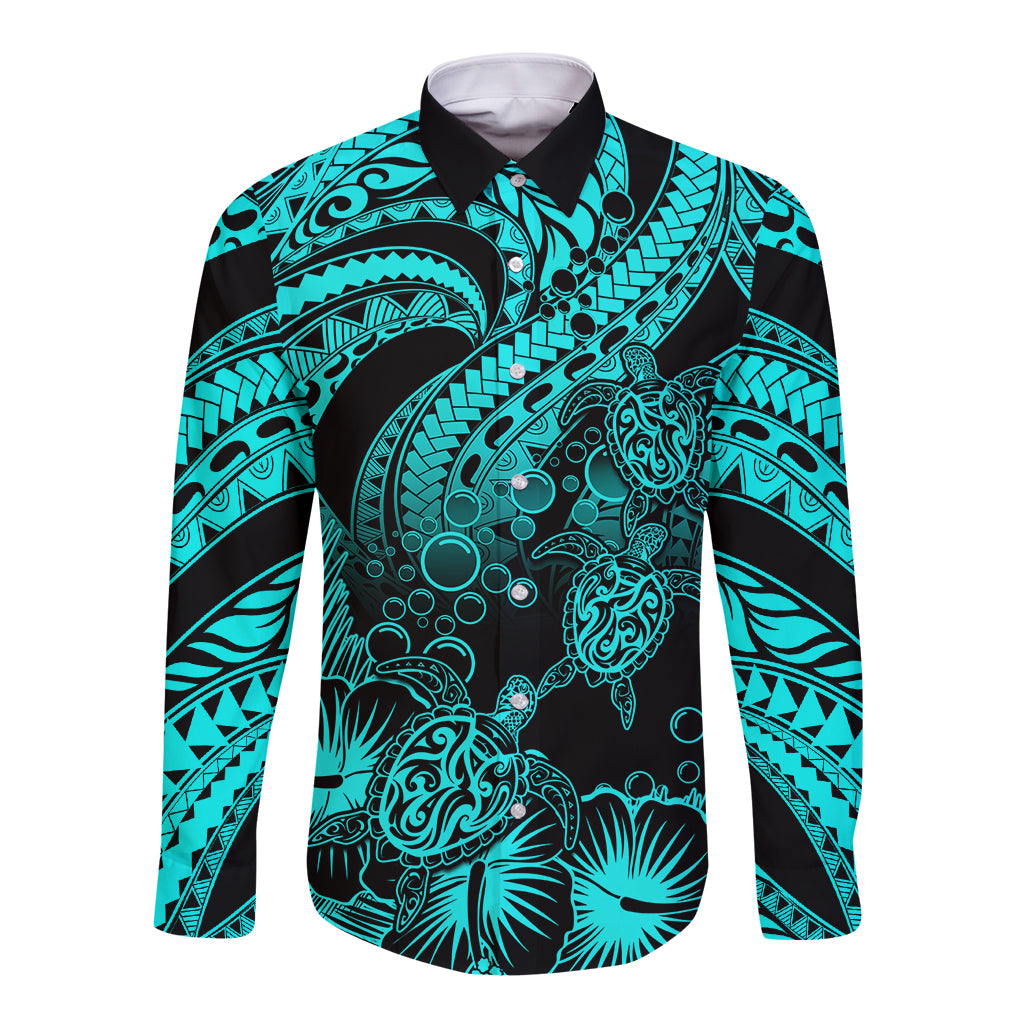 Personalised Polynesian Long Sleeve Button Shirt Tribal Honu Turtle with Hibiscus Turquoise Version LT14 Unisex Turquoise - Polynesian Pride