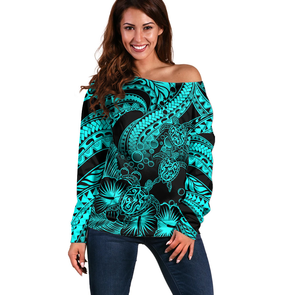 Personalised Polynesian Off Shoulder Sweater Tribal Honu Turtle with Hibiscus Turquoise Version LT14 Women Turquoise - Polynesian Pride