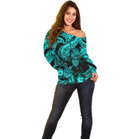 Personalised Polynesian Off Shoulder Sweater Tribal Honu Turtle with Hibiscus Turquoise Version LT14 - Polynesian Pride