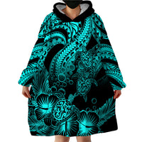 Personalised Polynesian Wearable Blanket Hoodie Tribal Honu Turtle with Hibiscus Turquoise Version LT14 - Polynesian Pride