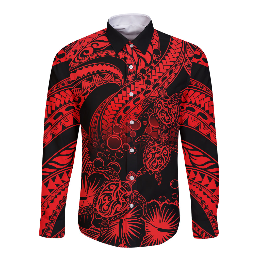 Personalised Polynesian Long Sleeve Button Shirt Tribal Honu Turtle with Hibiscus Red Version LT14 Unisex Red - Polynesian Pride