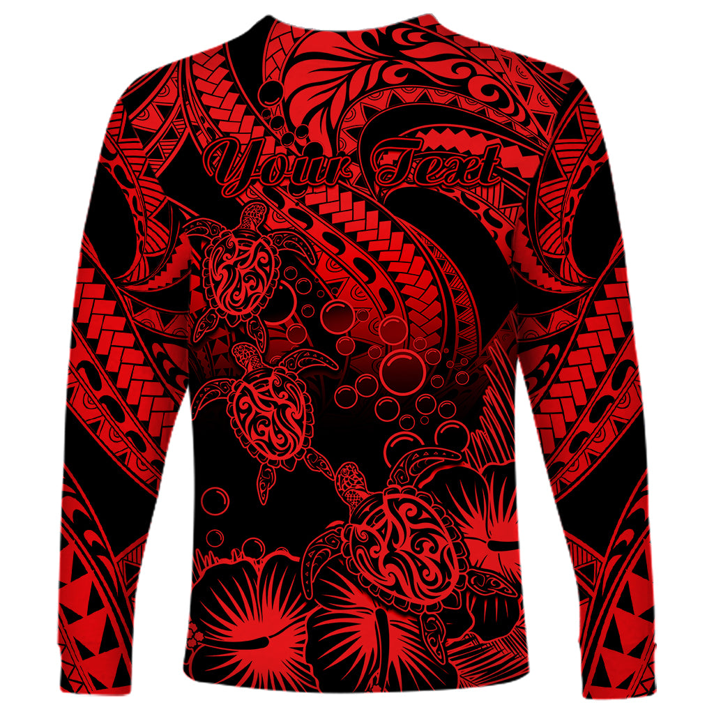 Personalised Polynesian Long Sleeve Shirt Tribal Honu Turtle with Hibiscus Red Version LT14 - Polynesian Pride