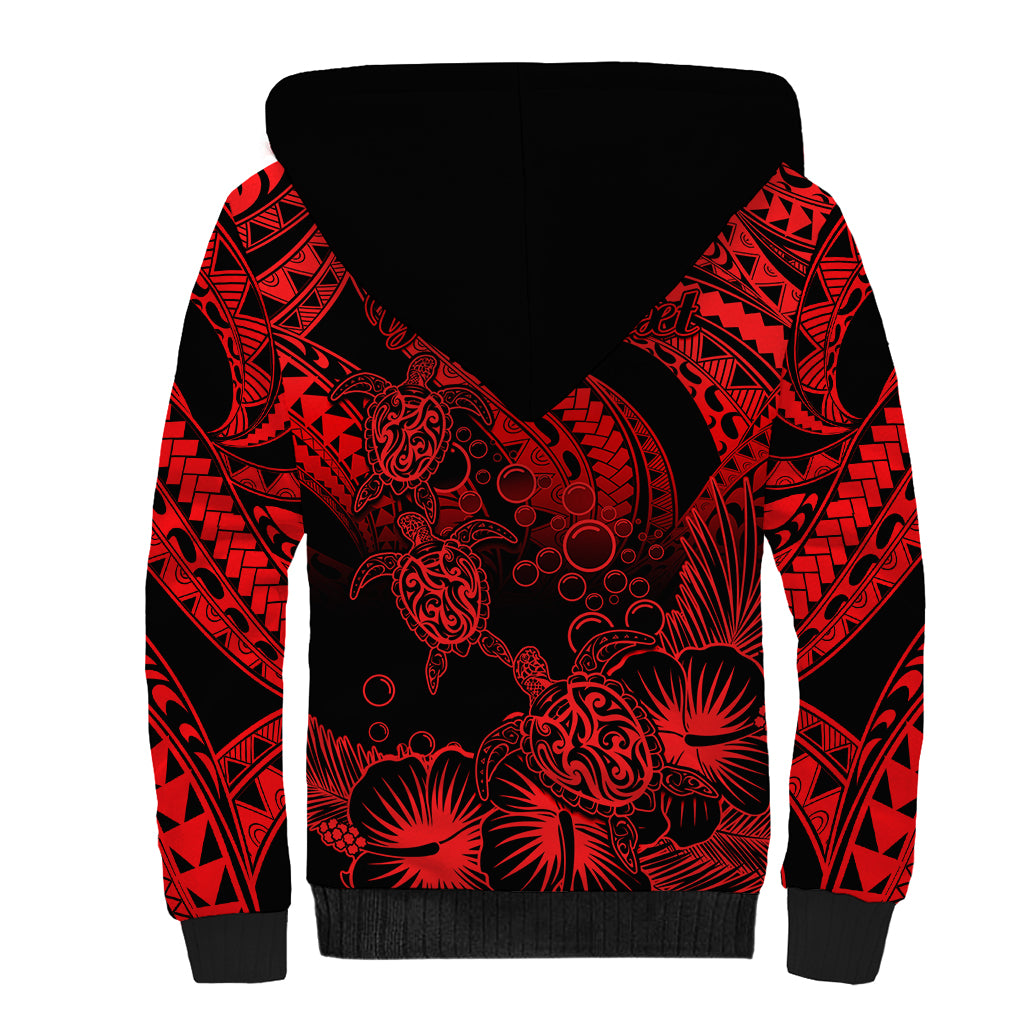 Personalised Polynesian Sherpa Hoodie Tribal Honu Turtle with Hibiscus Red Version LT14 - Polynesian Pride