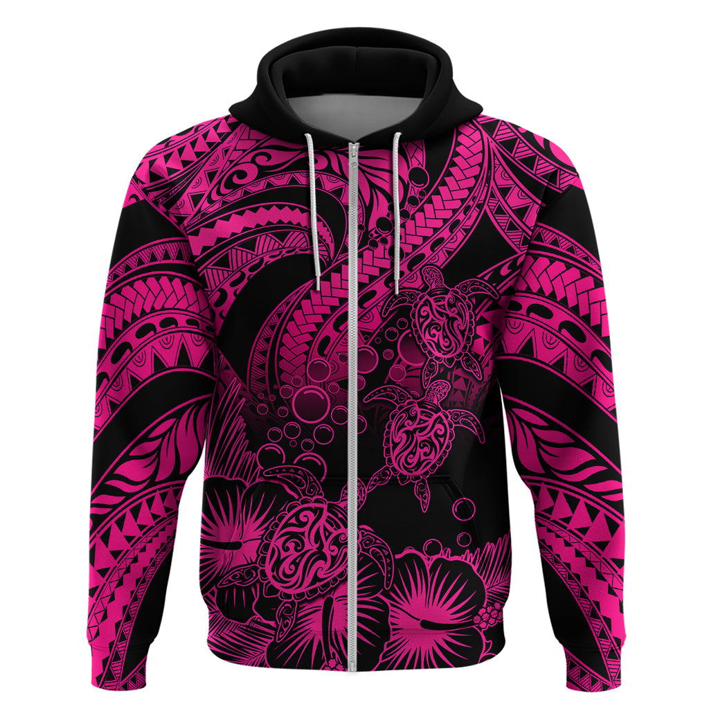 Custom Polynesian Hoodie Tribal Honu Turtle with Hibiscus Pink Version LT14 Zip Hoodie Pink - Polynesian Pride