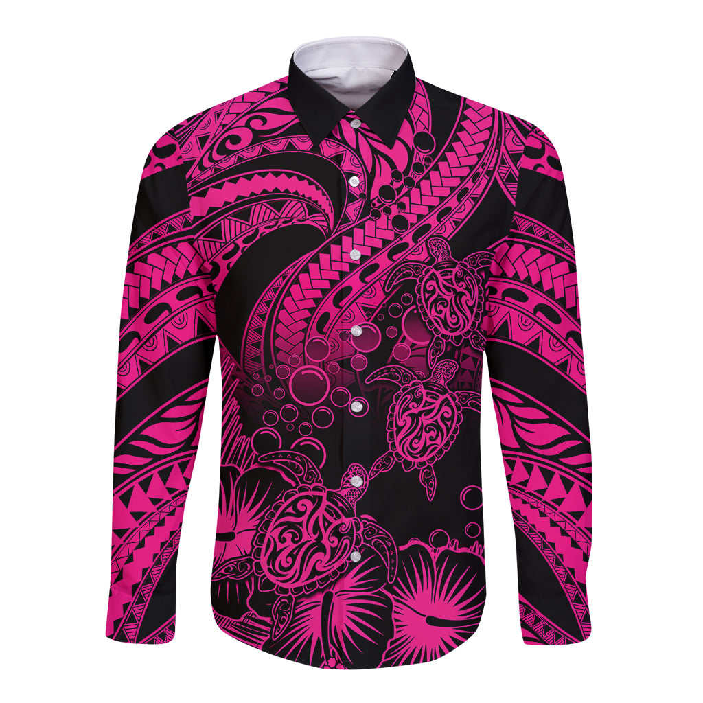 Personalised Polynesian Long Sleeve Button Shirt Tribal Honu Turtle with Hibiscus Pink Version LT14 Unisex Pink - Polynesian Pride