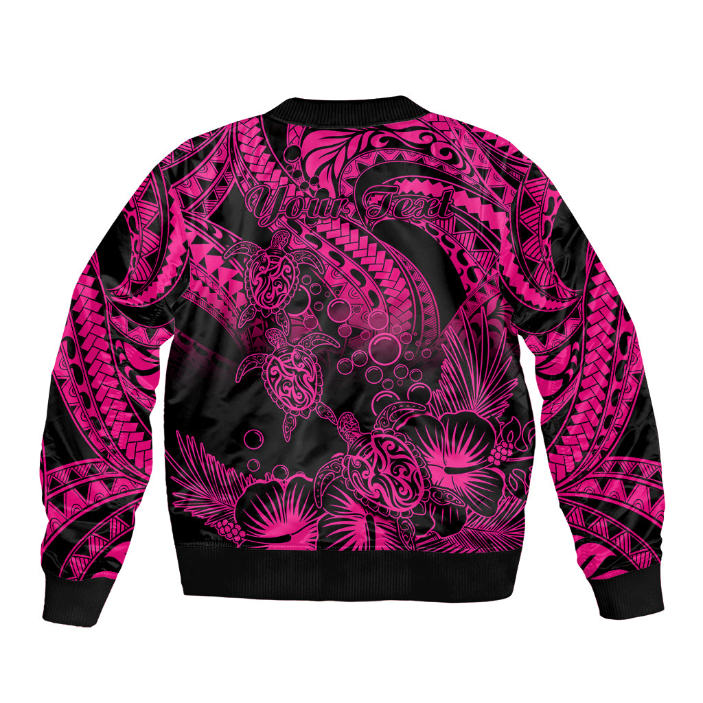 Personalised Polynesian Sleeve Zip Bomber Jacket Tribal Honu Turtle with Hibiscus Pink Version LT14 - Polynesian Pride