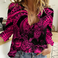 Personalised Polynesian Women Casual Shirt Tribal Honu Turtle with Hibiscus Pink Version LT14 Female Pink - Polynesian Pride