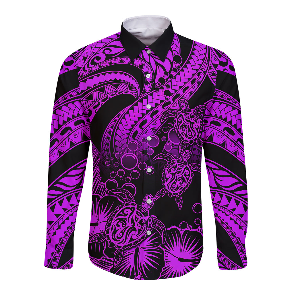 Personalised Polynesian Long Sleeve Button Shirt Tribal Honu Turtle with Hibiscus Purple Version LT14 Unisex Purple - Polynesian Pride