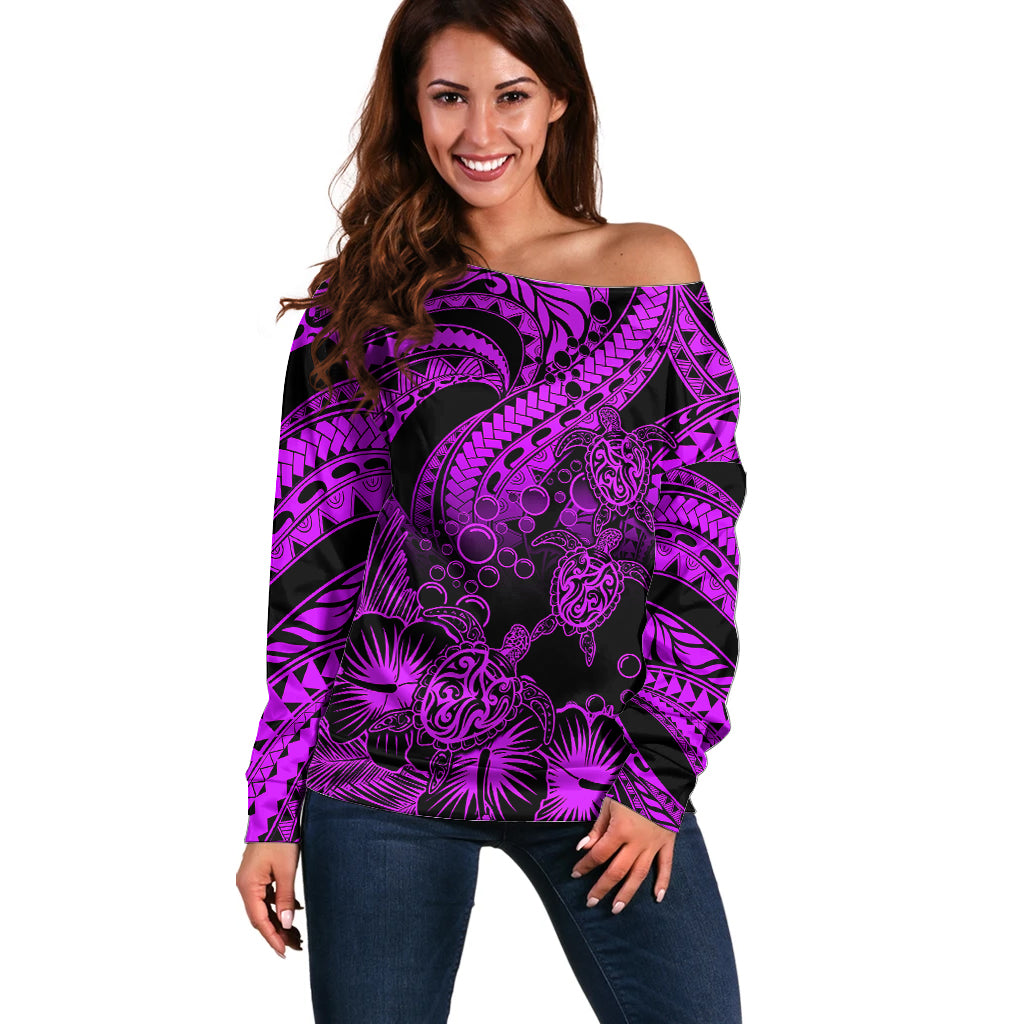 Personalised Polynesian Off Shoulder Sweater Tribal Honu Turtle with Hibiscus Purple Version LT14 Women Purple - Polynesian Pride