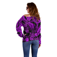 Personalised Polynesian Off Shoulder Sweater Tribal Honu Turtle with Hibiscus Purple Version LT14 - Polynesian Pride