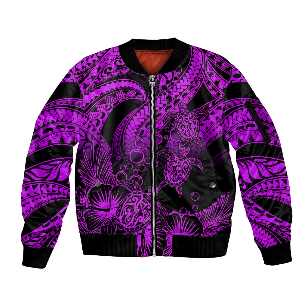 Personalised Polynesian Sleeve Zip Bomber Jacket Tribal Honu Turtle with Hibiscus Purple Version LT14 Unisex Purple - Polynesian Pride