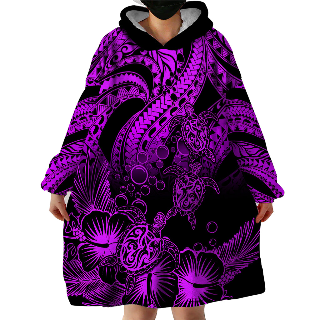 Personalised Polynesian Wearable Blanket Hoodie Tribal Honu Turtle with Hibiscus Purple Version LT14 - Polynesian Pride
