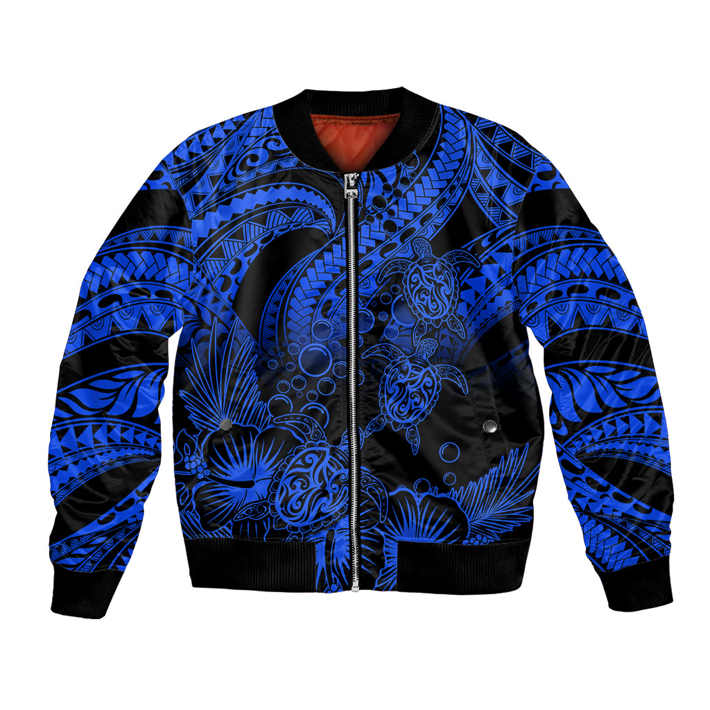 Personalised Polynesian Bomber Jacket Tribal Honu Turtle with Hibiscus Blue Version LT14 Unisex Blue - Polynesian Pride