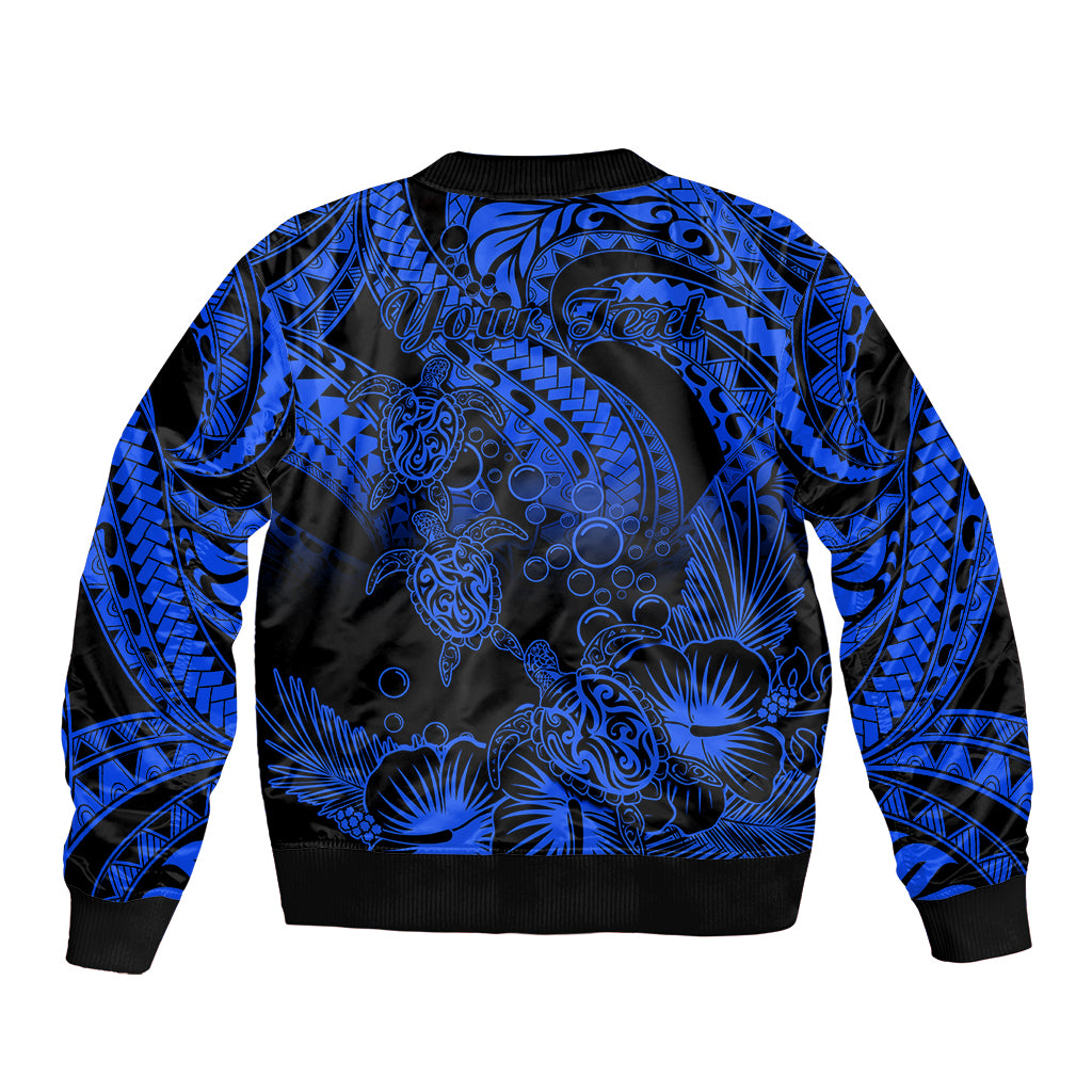 Personalised Polynesian Bomber Jacket Tribal Honu Turtle with Hibiscus Blue Version LT14 - Polynesian Pride