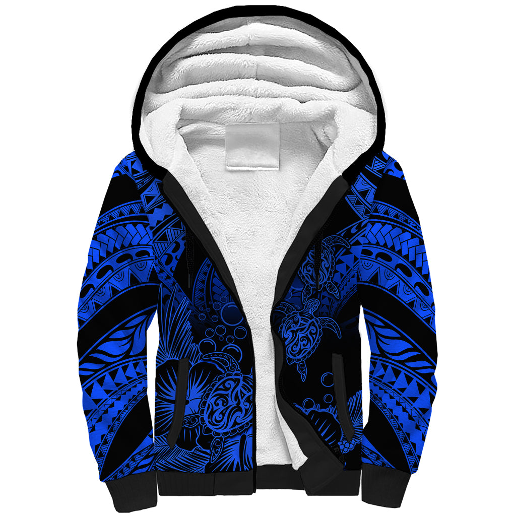 Personalised Polynesian Sherpa Hoodie Tribal Honu Turtle with Hibiscus Blue Version LT14 Unisex Blue - Polynesian Pride